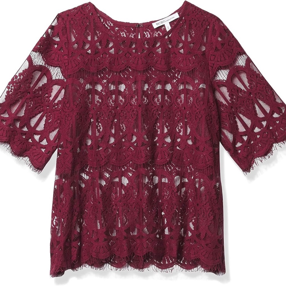 BCBG Generation Red Wine Burgandy Lace Blouse Shirt Top, XXS
